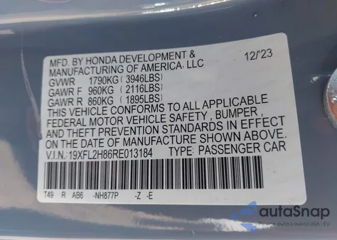 2024 Honda Civic Sport from USA, damaged, VIN 19XFL2H86RE013184